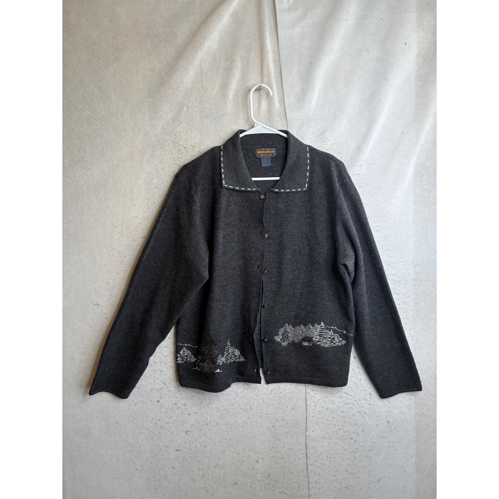 Woolrich Womens XL Oxford Grey Wool Embroidered Cabin Winter Cardigan Sweater